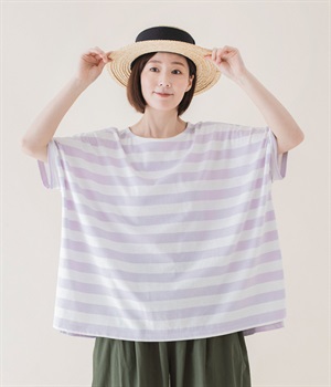 ボートネックボーダーTシャツ(パープル×ホワイト-ONESIZE)