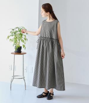 コットンリネンギンガムチェックノースリーブワンピース(ホワイト×ブラック-ONESIZE)