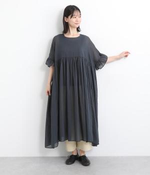 コットンフリル袖ギャザーワンピース(ネイビー-ONESIZE)