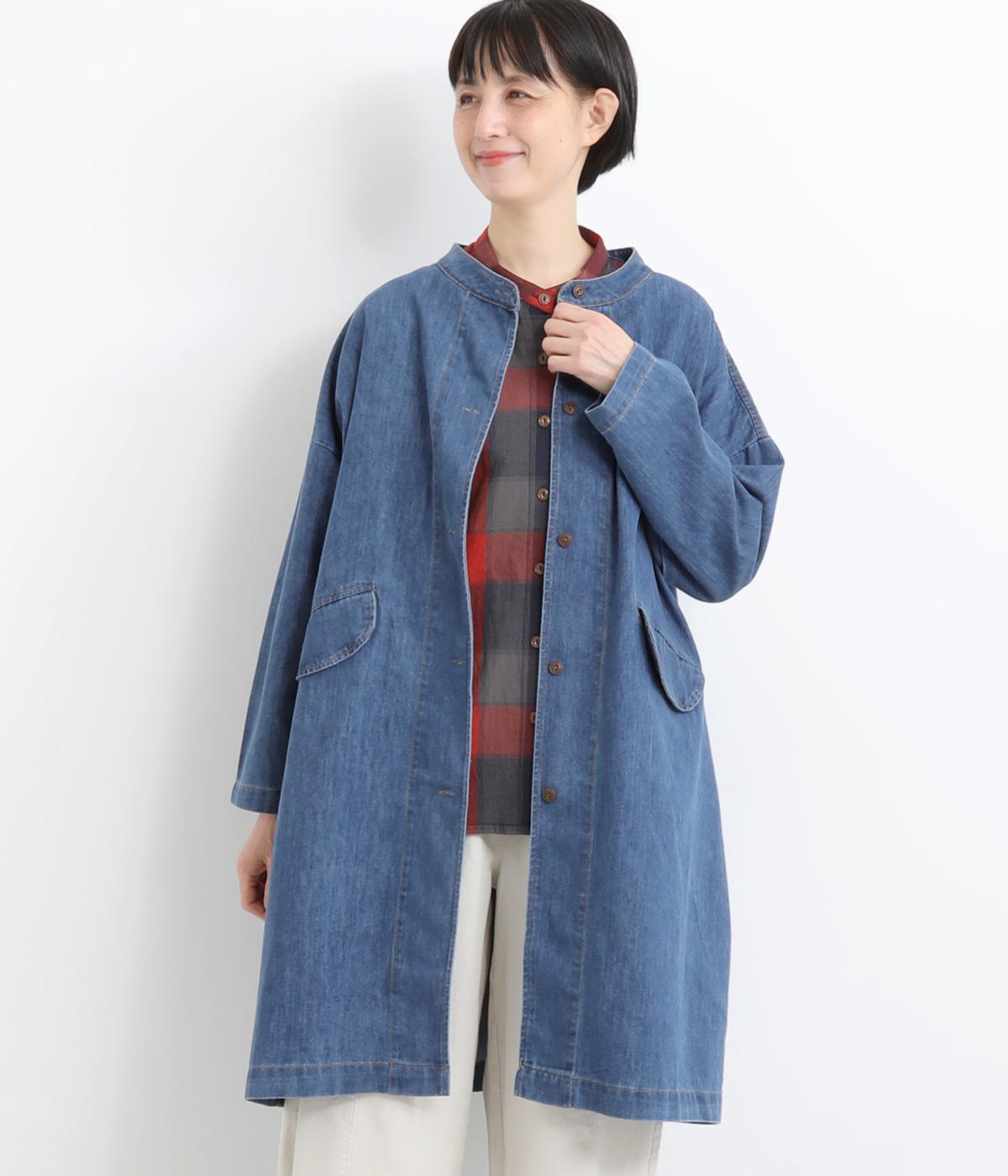 やわらかデニムロングゆるドルマンジャケット(ブルー-F)