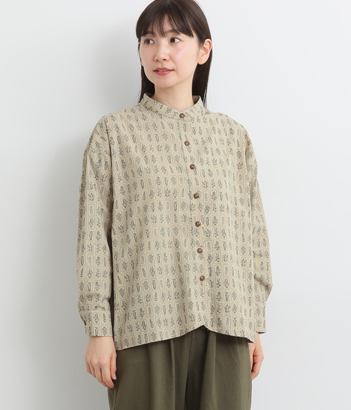 コットン 花柄ラウンドシャツ(ライトグレー-ONESIZE)