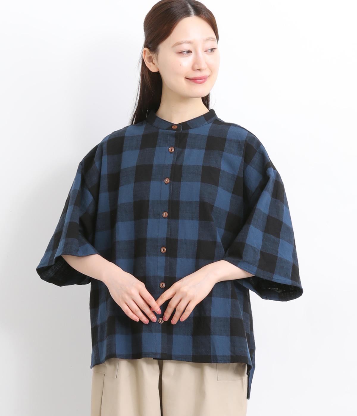 コットンリネンブロックチェック スタンドシャツ(ブルー-ONESIZE)