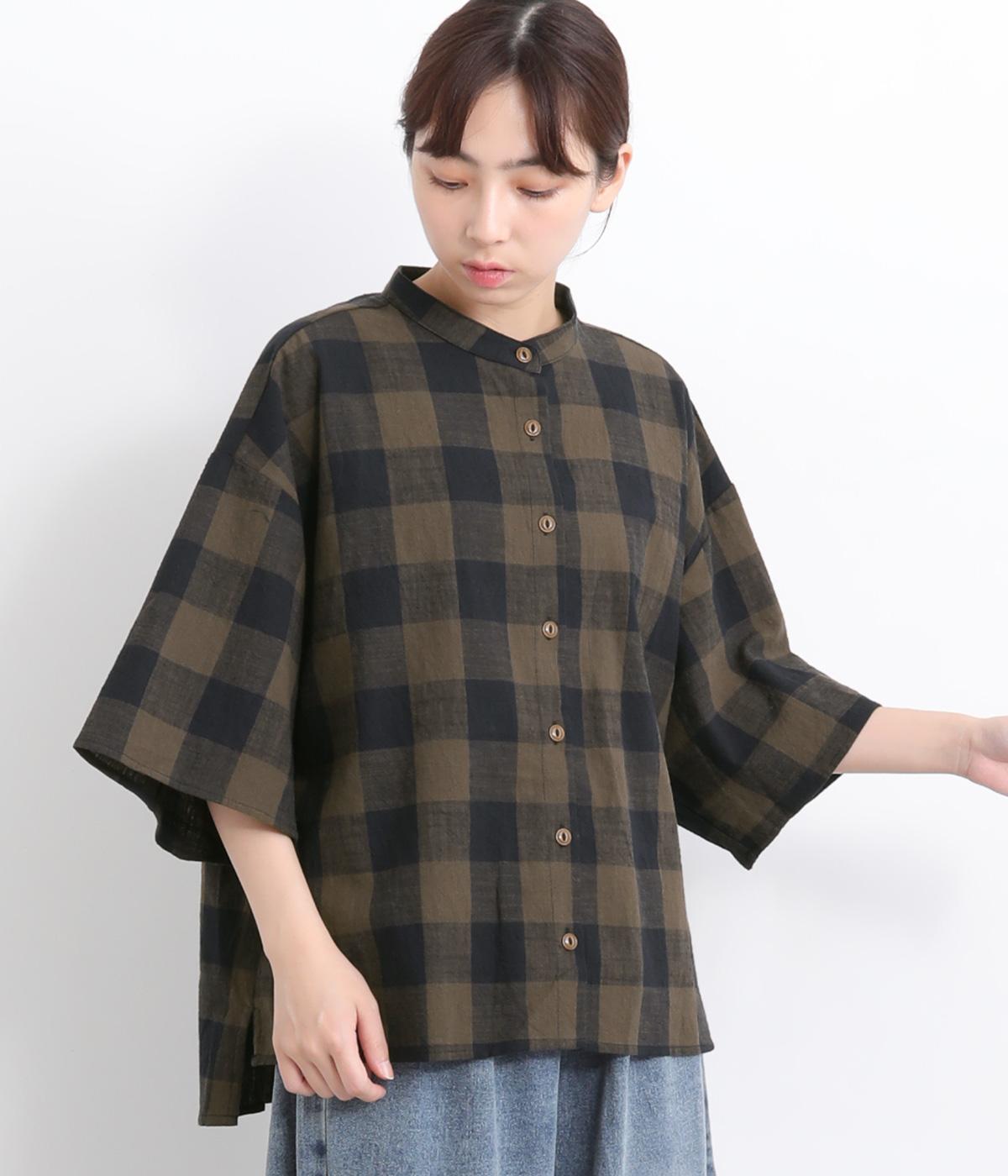 コットンリネンブロックチェック スタンドシャツ(ブラウン-ONESIZE)