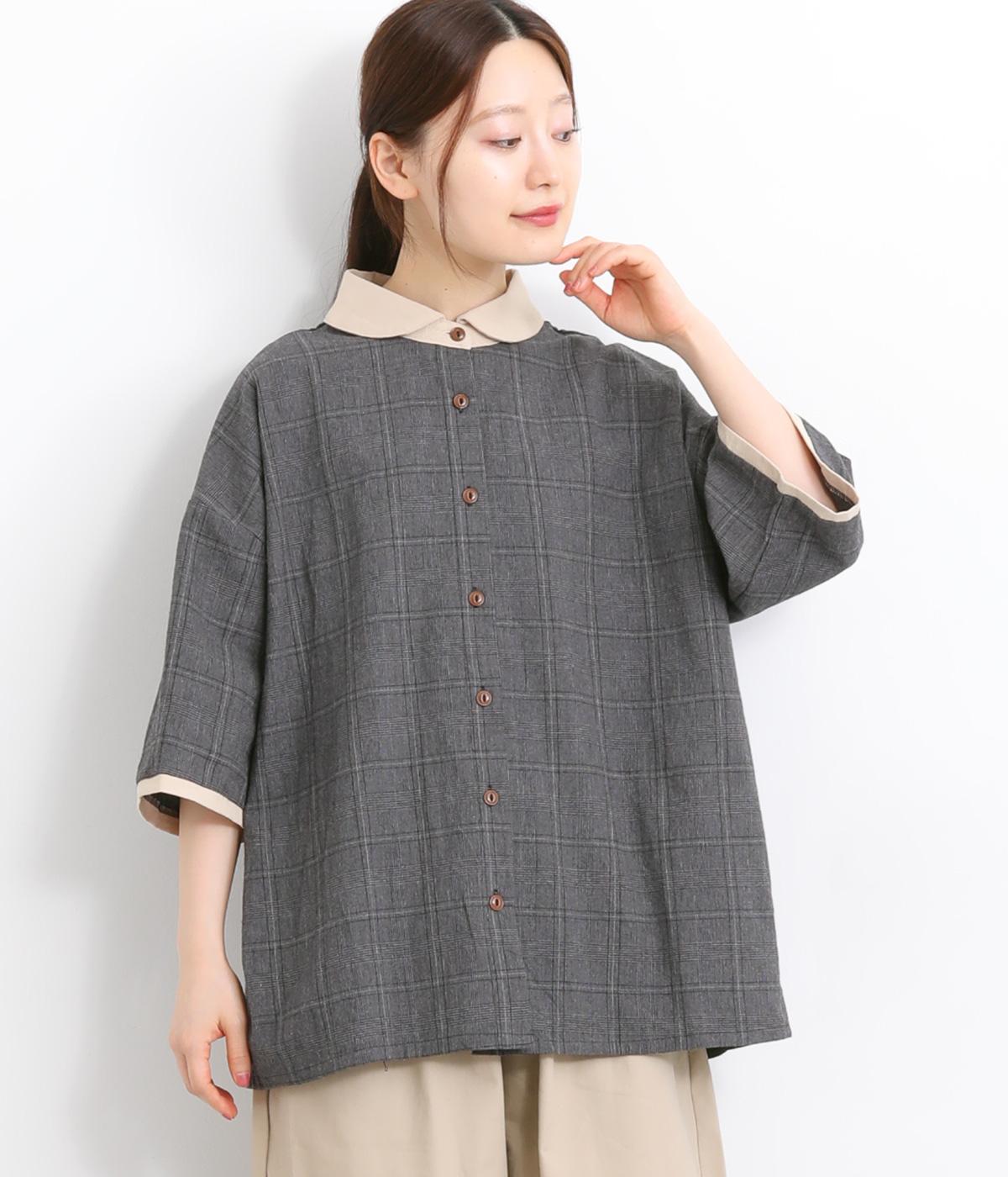 コットンリネングレンチェック 襟付きバイカラーシャツ(ブラック×ナチュラル-ONESIZE)