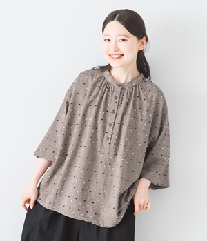 ドットジャカード ワイドスリーブ六分袖プルオーバー(ブラウン-ONESIZE)