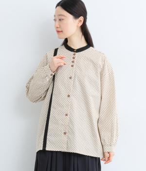 ドット布帛無地縦横配色シャツ(ナチュラル/小ドット×ブラック-F)