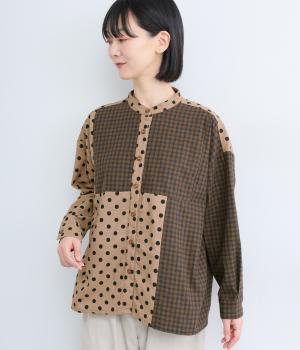 ドットギンガムチェック2配色切替シャツ(ベージュ-F)