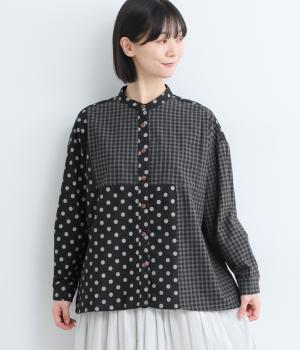 ドットギンガムチェック2配色切替シャツ(ブラック-F)