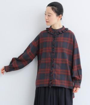 ナチュラルチェックフリルカラーシャツ(レッド×ネイビー-F)