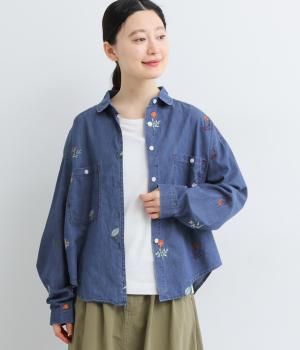 シャンブレーデニム刺繍デニムシャツ
