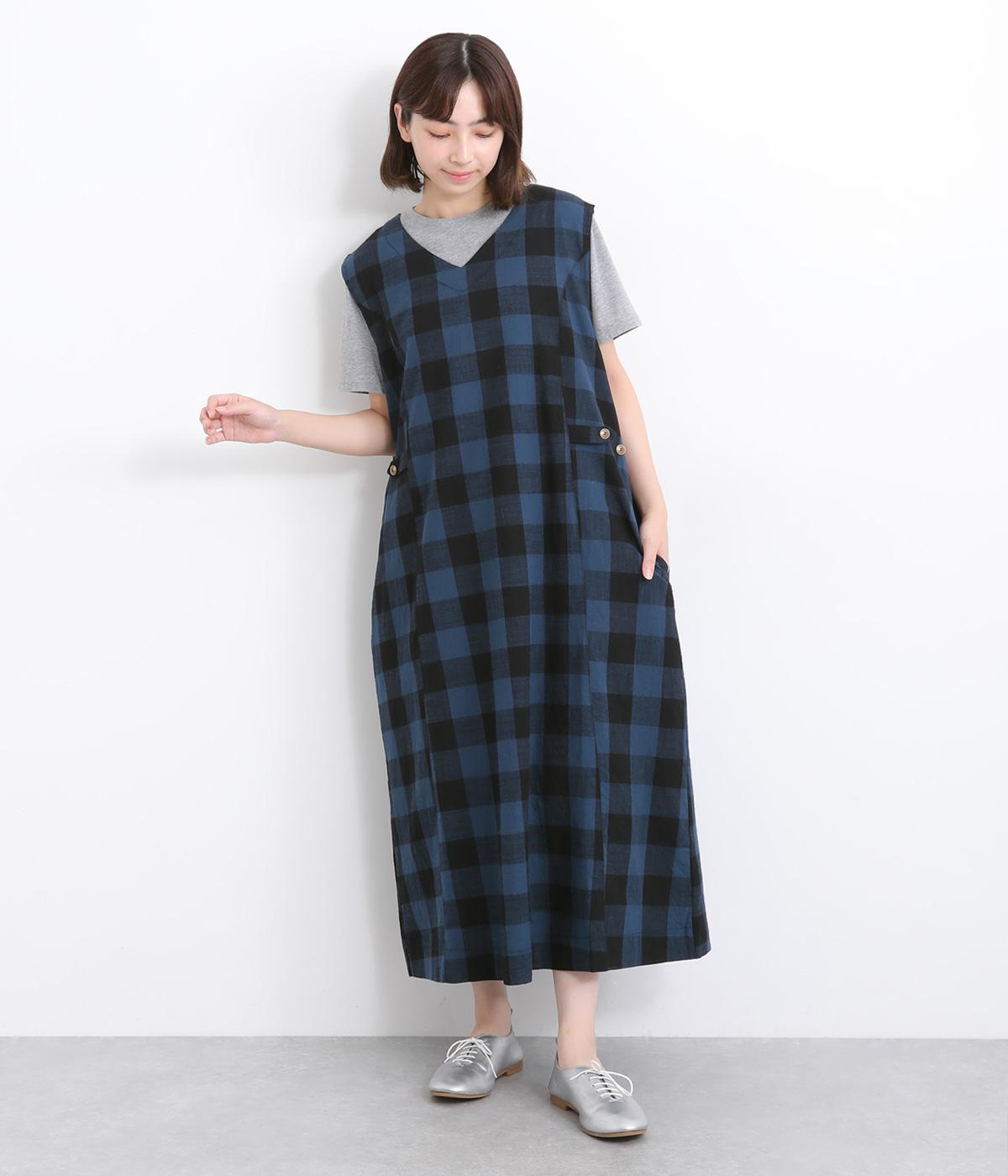 コットンリネンブロックチェック Vネックジャンパースカート(ブルー-ONESIZE)