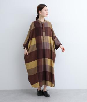 コットン BIGチェックハイネックルマンワンピース(イエロー-ONESIZE)