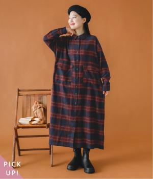 ナチュラルチェックワーク風ワンピース(レッド×ネイビー-F)