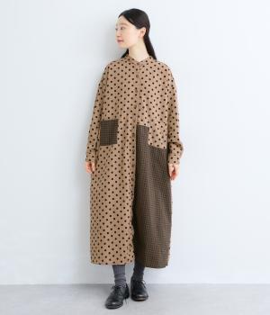 ドットギンガムチェック切替ワンピース(ベージュ-F)