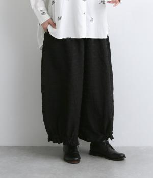 ボーダー裾フリルワイドパンツ(ブラック-F)