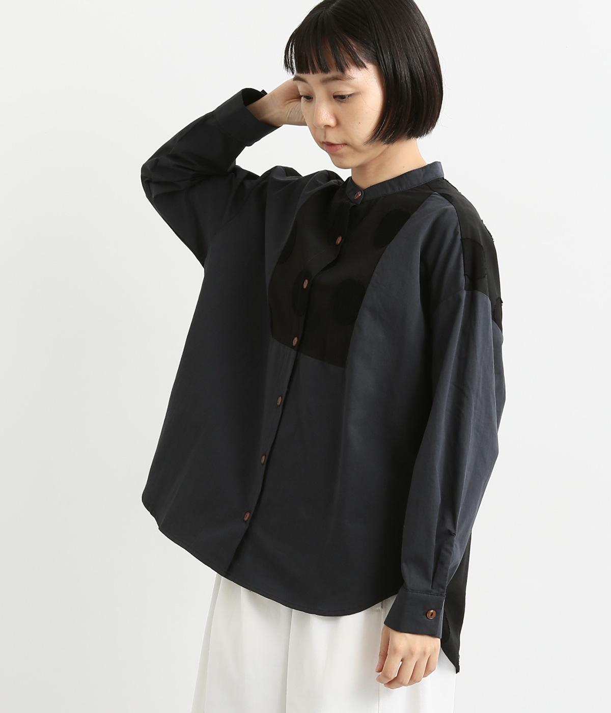 ドットチェック後ろ柄シャツ(ネイビー×ブラックドット-F)