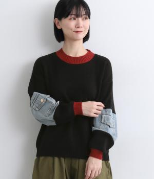 配色ニットデニムプルオーバー(ブラック-F)