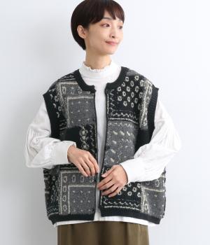 バンダナパッチワークニットベスト(グレイ×ブラック-F)