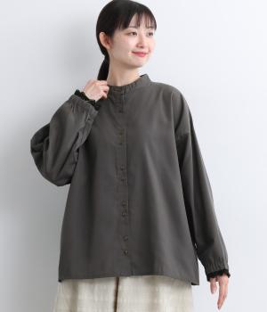 布帛袖レース付きシャツ(チャコール×ブラック-F)
