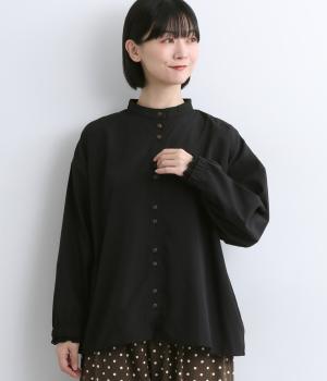 布帛袖レース付きシャツ(ブラック×ブラック-F)