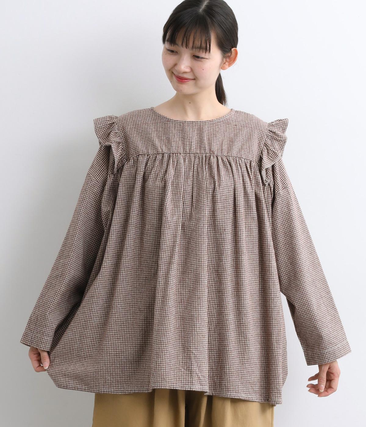 起毛miniギンガムチェック肩フリルシャツ(ベージュ-F)