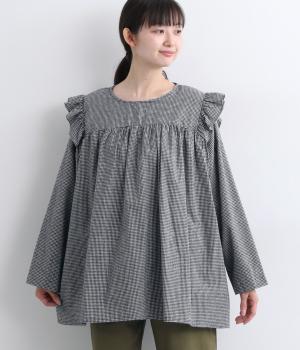 起毛miniギンガムチェック肩フリルシャツ(ネイビー-F)