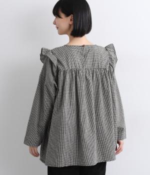 起毛miniギンガムチェック肩フリルシャツ(ブラック-F)
