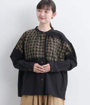 切り替えギンガムシャツ(ブラック×ブラック-F)