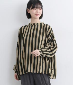 リネンビッグストライプたっぷりギャザーワイドシャツ