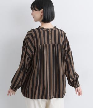 リネンビッグストライプたっぷりギャザーワイドシャツ(ブラウン-F)
