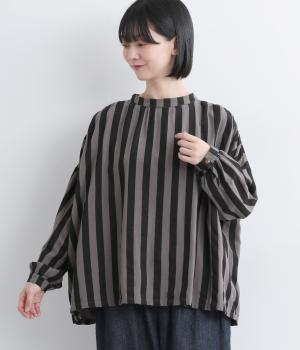 リネンビッグストライプたっぷりギャザーワイドシャツ(チャコール-F)