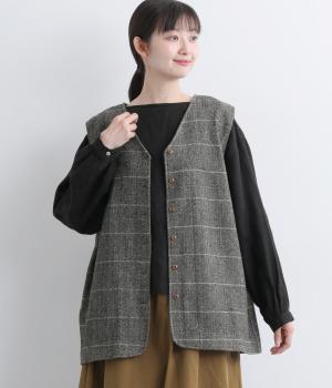 ウール混へリンボンVネックミドル丈ベスト(グレイ-F)