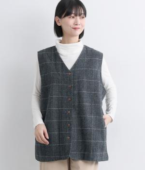 ウール混へリンボンVネックミドル丈ベスト(チャコール-F)