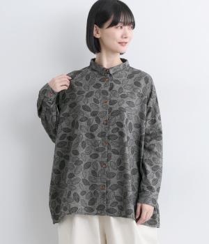 リーフ柄ミニ襟シャツ(ブラック-F)