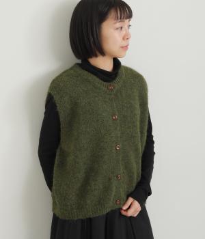 無地ふわふわニットベスト(カーキ-F)