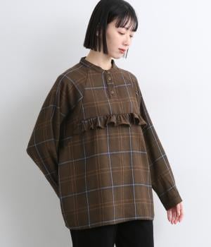 起毛BIGチェックフリル付きプルオーバーブラウス