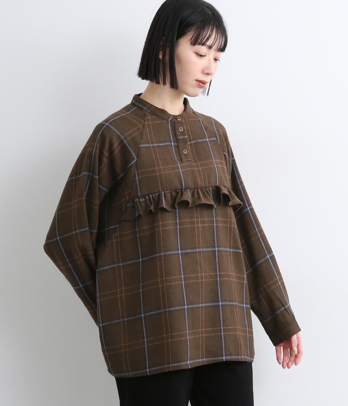 起毛BIGチェックフリル付きプルオーバーブラウス(ダークブラウン-F)