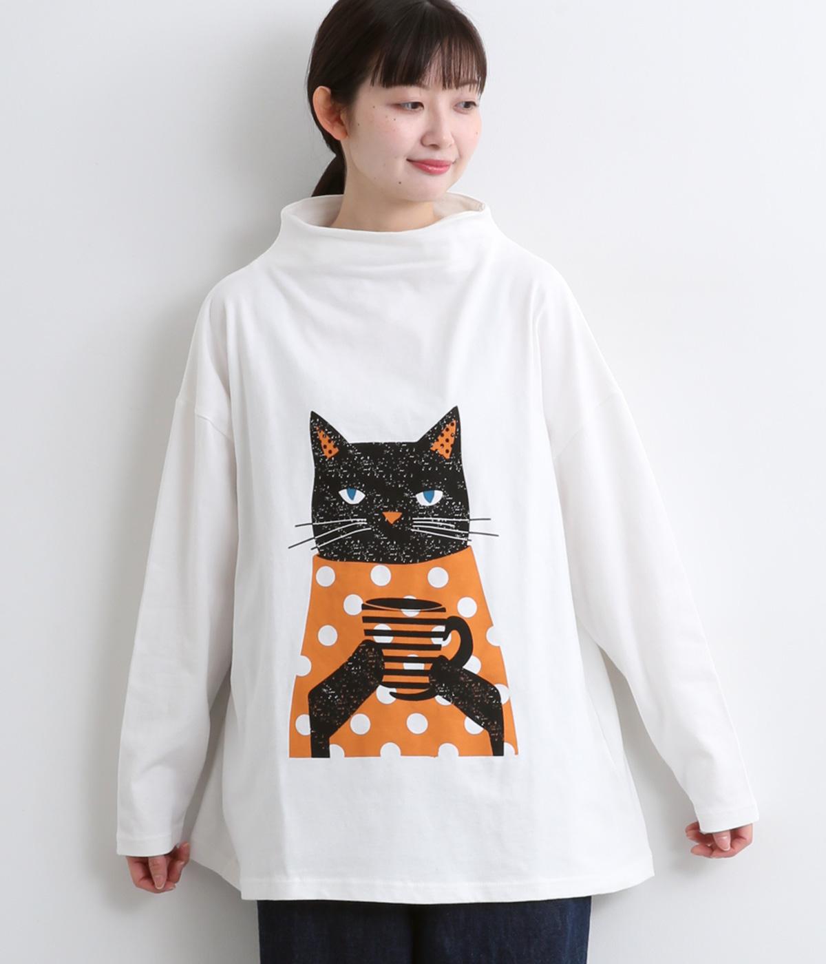 プリントTシャツお茶するCAT(ホワイト-F)