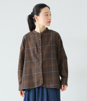 起毛BIGチェックラウンドシャツ(ダークブラウン-F)