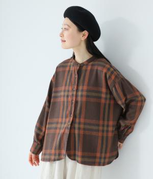 起毛BIGチェックラウンドシャツ(ブラウン×レッド-F)