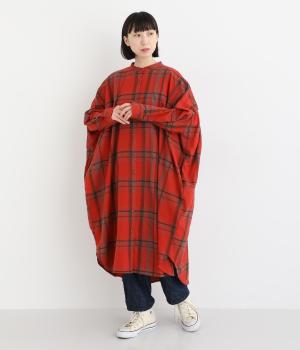 チェック後ろギャザーワンピース