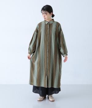 チェックストライプパッチワーク風袖ふわりワンピース(ブラウン-F)