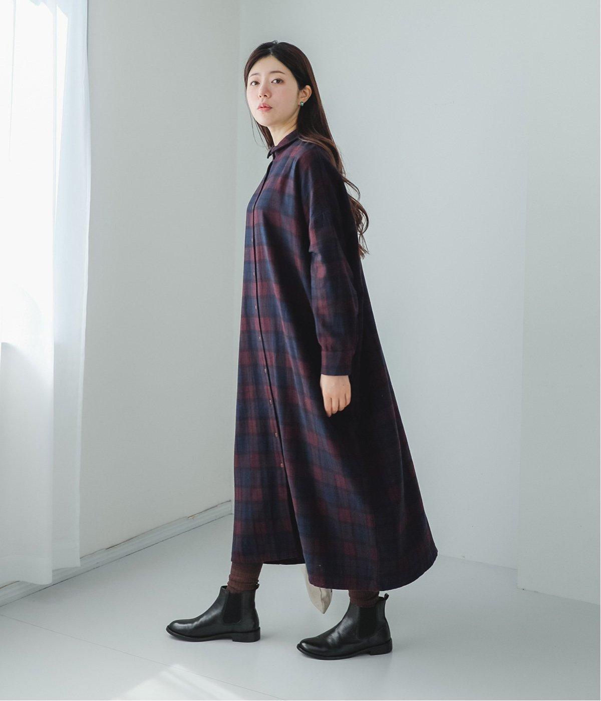 週末限定SALE! タータンチェック 秋コーデ リネン長袖ロングワンピース 赤 赤チェック柄アシメントリーロングワンピ | loner select（ 韓国