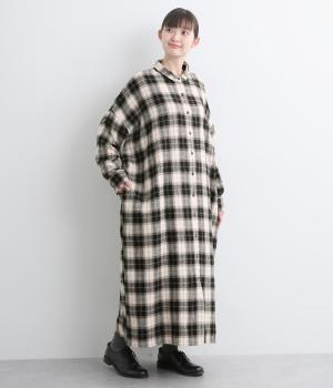 起毛BIG チェックミニ襟ロングワンピース(ホワイト×ブラック-F)