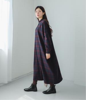起毛BIG チェックミニ襟ロングワンピース(レッド×ネイビー-F)
