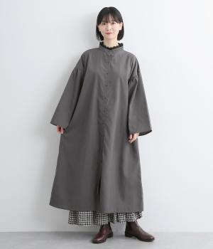 布帛襟レース袖太ワンピース(チャコール×ブラック-F)