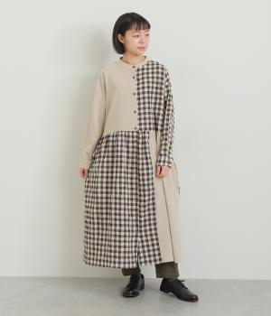 切り替えギンガムワンピース(ナチュラル×ブラウン-F)