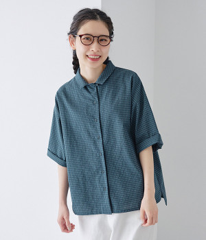 コットンリネンギンガム オープンカラーブラウス(グリーン×ネイビー-ONESIZE)