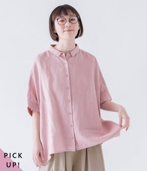平織リネン100％チビ襟ブラウス(ピンク-ONESIZE)