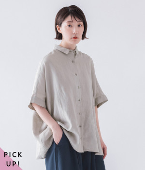 平織リネン100％チビ襟ブラウス(ライトグレー-ONESIZE)